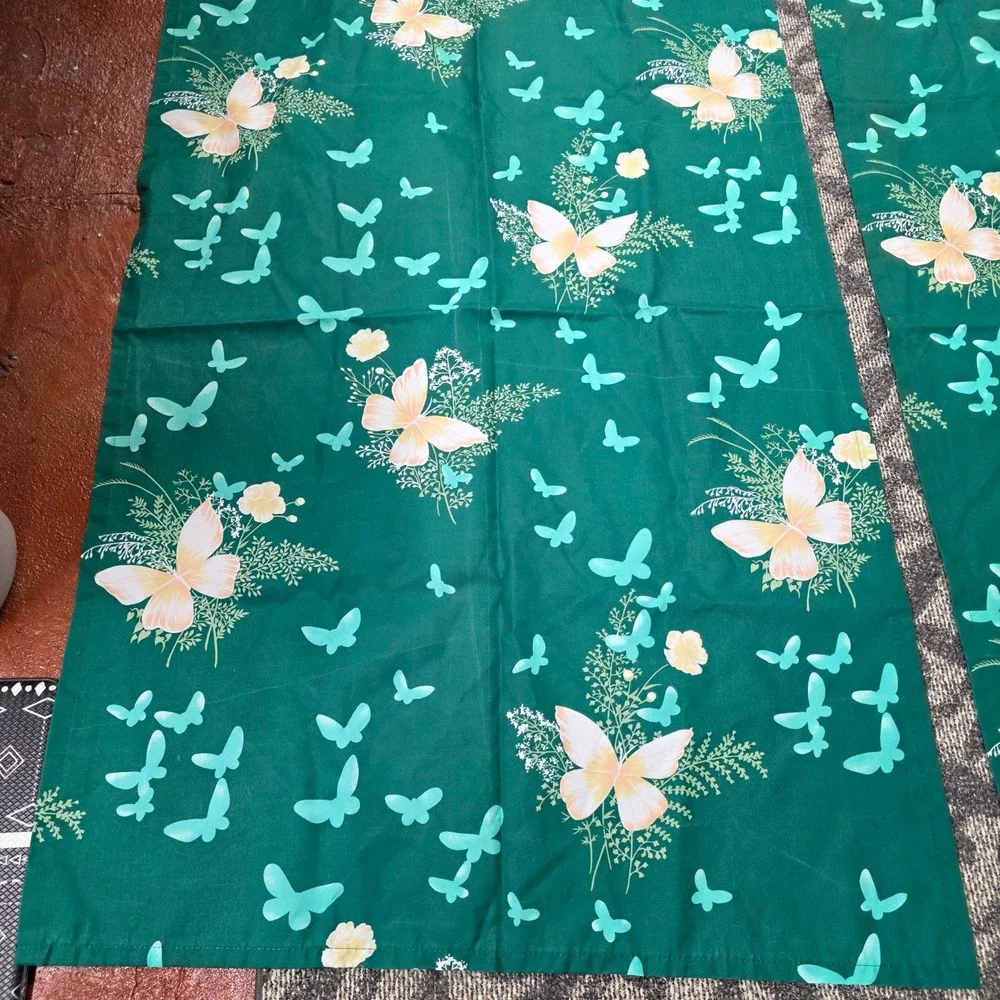 Vintage‎ Hygiene Industries Green Butterfly Floral Curtain Set 2 Panels 33x54